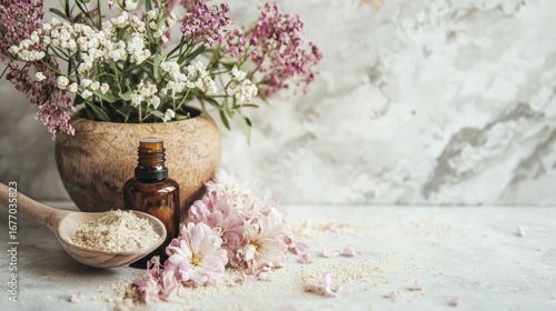 Rustic bottle with flowers lifestyle product photography organic wellness modern commercial branding concept stylish composition
