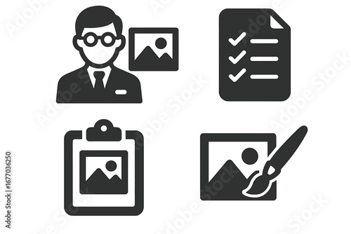Art management and curation icon set. Curator, gallery checklist, clipboard, and art restoration symbols. Vector glyphs for exhibition planning, collection management and evaluation.