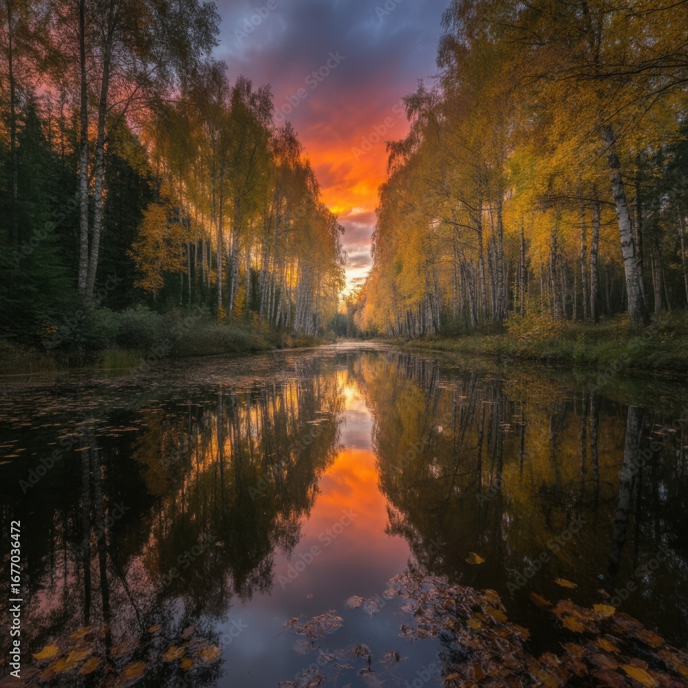 Obraz premium Vibrant autumn sunset reflecting in a calm forest stream with colorful trees