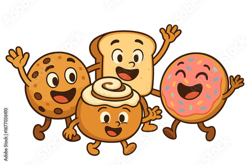 Happy cartoon bakery characters walking together. Cute food mascots: cookie, donut, bread, and cinnamon roll. Cheerful friends vector illustration for sweet pastry dessert.