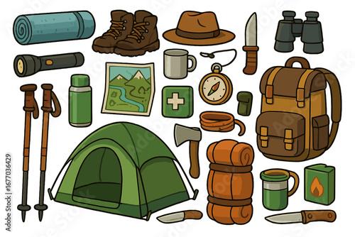 Camping gear and hiking equipment set for outdoor adventure and survival. Vector illustration collection with essentials like tent, backpack, boots, compass, map for exploration.