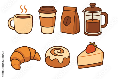 Coffee shop vector set with pastry and drinks. Cartoon food illustration collection with croissant, cinnamon roll, cheesecake, coffee cup, to-go cup, beans and french press.