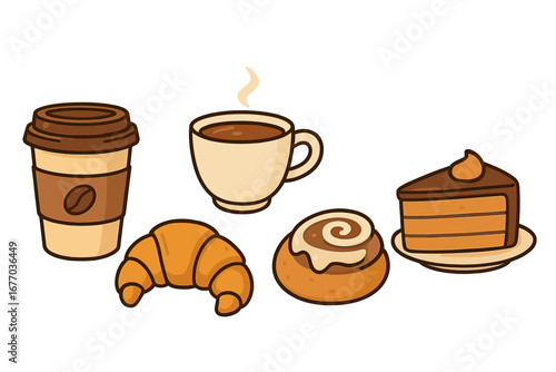 Coffee and pastry cartoon set. Vector breakfast food illustration for cafe menu. To-go coffee cup, mug, croissant, cinnamon roll, and cake slice. Bakery and dessert icons.
