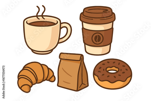 Coffee shop elements set. Vector cartoon icons for cafe menu. Breakfast collection with hot drink, to-go cup, croissant, donut and paper bag. Cute food illustration.