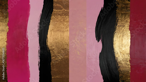 Modern Abstract Painting with Gold, Black, Pink Stripes