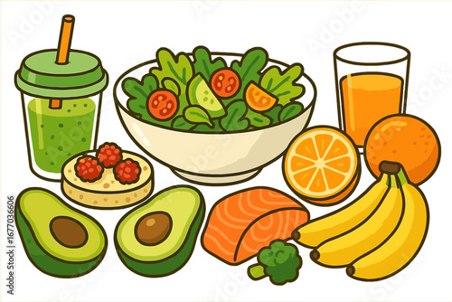 Healthy food collection vector cartoon illustration. Set of organic fruits, vegetables, fish, smoothie. Nutrition, diet, and balanced lifestyle concept. Isolated design elements.