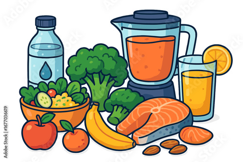 Healthy food collection for balanced diet concept. Vector illustration of nutritious meal with fresh fruit, vegetables, salmon steak, juice smoothie. Wellness and fitness lifestyle.