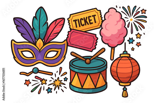 Carnival festival vector icon set. Colorful cartoon illustration with mask, tickets, cotton candy, drum, lantern, fireworks. Fair, circus, and party celebration elements.