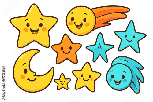 Cute cartoon celestial characters with smiling faces. Vector set of kawaii stars, comets, and a moon. Playful night sky and space elements for kids. Happy galaxy illustration.