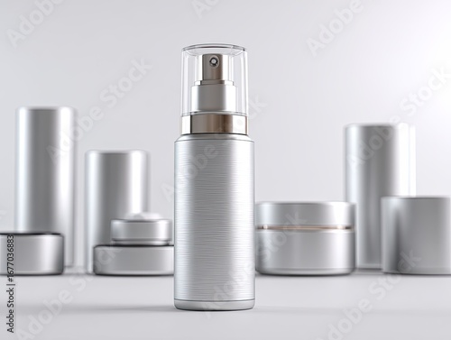 Silver cosmetic spray bottle, surrounded by similar containers