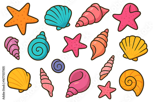Colorful cartoon seashell and starfish collection. Vector set of cute sea shells for summer beach decor. Playful marine underwater life illustration for kids and textile patterns.