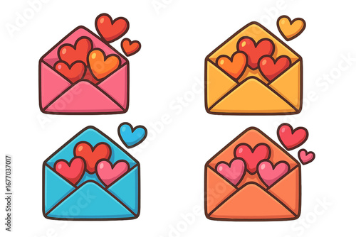 Set of colorful envelopes with hearts. Love letter icon collection. Mail message symbol for Valentine's Day. Vector cartoon illustration for romance, greeting, affection concept.
