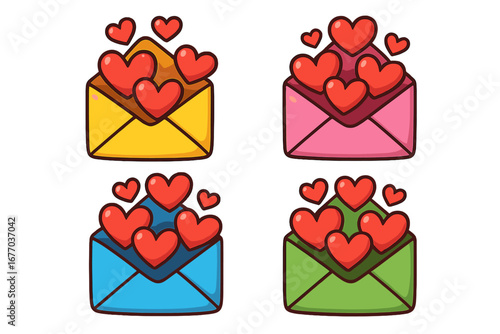 Set of cute cartoon envelopes with hearts. Love letter, mail message concept. Vector icon collection symbolizing love, romance, affection for Valentine's day or relationship.