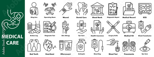 Medical care icon set. Containing diagnostic test, dental care, medical record, blood bank, surgery kit, wound, heartbeat, eye care, health insurance, antiseptic, blood test, pneumonia.