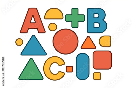 Colorful letters and geometric shapes. Abstract vector background for kids education. Creative learning concept with alphabet, basic figures for school or kindergarten design.