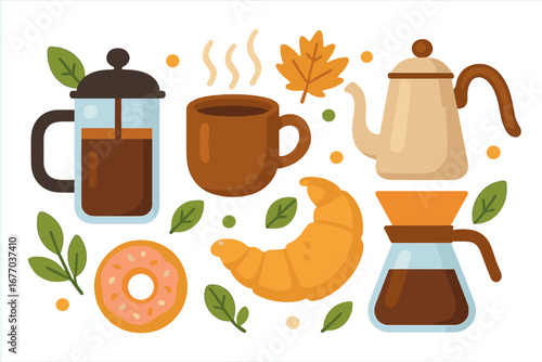 Coffee brewing tools vector set. Flat cartoon illustration with french press, pour over, croissant, donut, mug, kettle. Autumn breakfast food & drink elements collection.