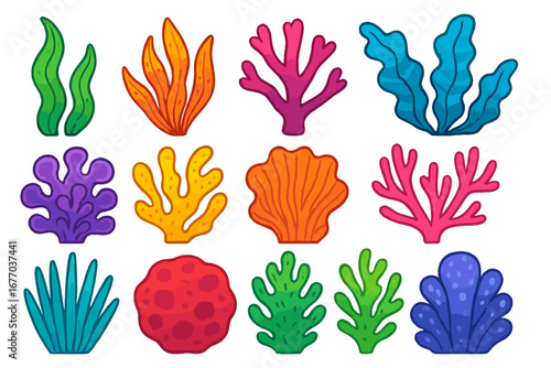 Seaweed vector set cartoon illustration. Colorful aquatic plants and coral reef elements. Underwater ocean sea life collection. Marine algae clipart for kids creative project.