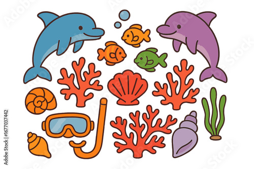 Cute marine life vector set. Cartoon ocean animal collection with dolphin, fish, coral, seashell, seaweed. Underwater aquatic creatures and diving snorkel equipment illustration.