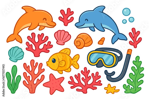 Cute cartoon sea life collection. Vector set of underwater animals and plants. Dolphin, fish, coral, shell, starfish, diving mask. Ocean aquatic illustration for kids.