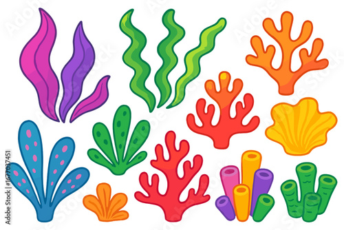 Set of colorful seaweeds, corals and underwater plants. Vector cartoon illustration of marine life elements. Cute ocean reef aquatic flora clip art collection for kids design.