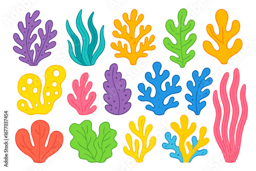Colorful seaweed and coral set. Vector collection of aquatic plants, algae. Cartoon ocean, underwater flora elements. Marine sea life icons for aquarium design. Flat seaweeds.