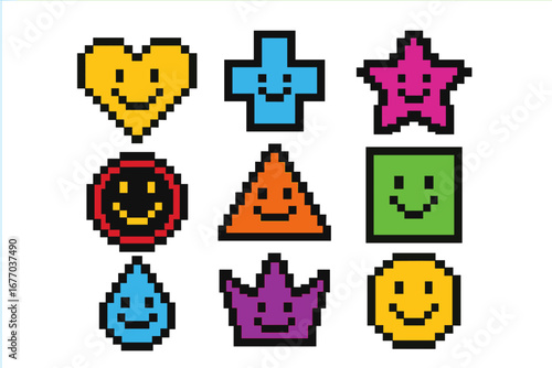Colorful pixel art symbols. 8-bit retro video game style icons. Set of happy smiley face emoticons. Vector shapes including heart, star, crown, and geometric figures.
