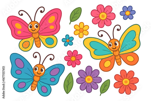 Set of cute cartoon butterflies and flowers. Colorful whimsical vector illustration collection for kids. Spring summer nature design elements. Isolated insects and plants.