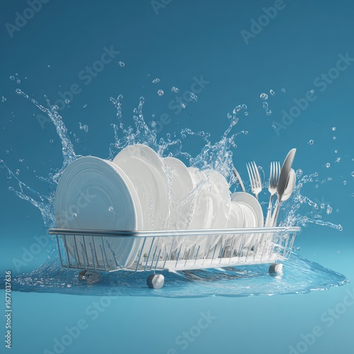 Dishes & Utensils in a Dishrack, Water Splash