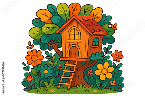 Colorful cartoon tree house in whimsical garden. Vector illustration for kids. Magic playhouse in summer forest with flowers and leaves. Fantasy treehouse concept for children.