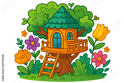 Cute cartoon tree house in a whimsical garden setting with vibrant flowers. Vector illustration for children. Fantasy playhouse concept for kids. Nature and outdoor summer fun.