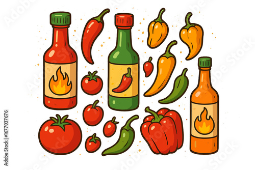 Hot sauce and pepper vector set. Collection of spicy food ingredients like chili, habanero, jalapeno and tomato. Cartoon icons for Mexican cuisine. Isolated condiment bottles.