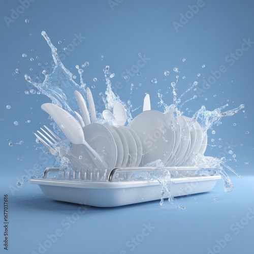 Clean dishes in water splash