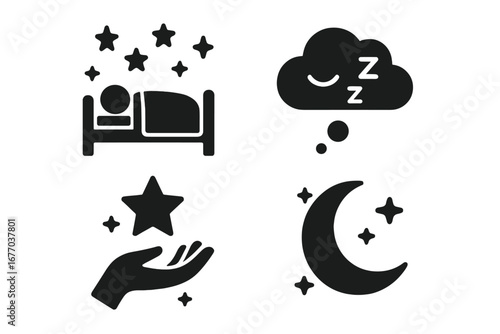Sleep and dream solid icon set. Night pictograms. Sleeping person in bed, dream cloud, wish upon a star, moon. Cosmic fantasy vector. Bedtime, rest, insomnia concepts.