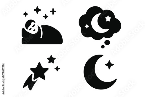 Night sleep solid icon set. Man sleeping in bed under stars, crescent moon in dream cloud, wishing on a shooting star. Cosmic dreams, fantasy, goodnight vector pictogram pack.