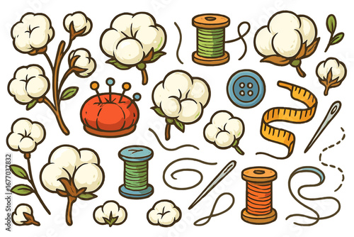 Set of sewing and needlework icons. Cotton plant, thread spool, needle, button, pincushion, measuring tape. Handmade craft hobby. Tailor or dressmaker tools. Vector illustration.