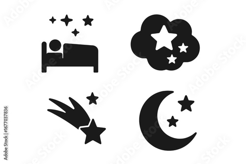 Cosmic dreams icon set. Solid glyph icons of sleeping, night sky, and fantasy. Includes person in bed, moon, stars, dream cloud, and shooting star. Vector bedtime symbols.