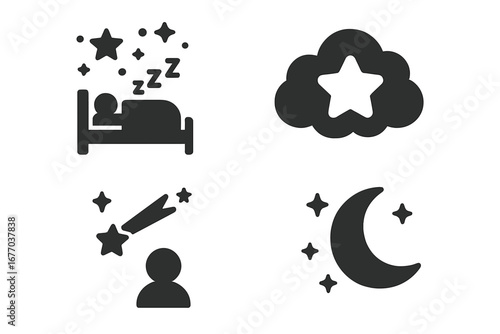 Night dream icon set. Sleep in bed, wish upon a shooting star, moon and stars. Cosmic fantasy solid glyph symbol collection. Good night and sweet dreams vector illustration.