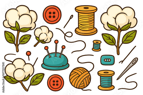 Sewing and needlework cartoon vector set. Collection of haberdashery elements with cotton plant, thread spool, button, needle, and pincushion for craft or textile design.