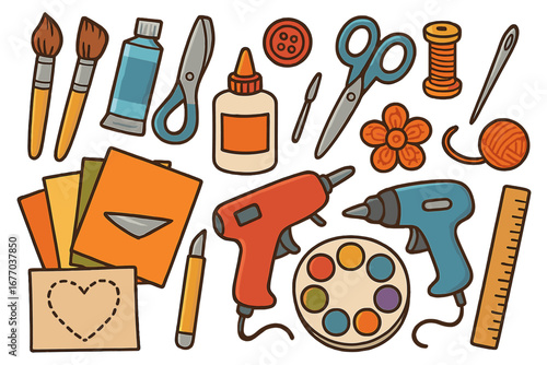 Arts and crafts supplies set for creative hobby and DIY projects. Vector illustration of handmade equipment like glue gun, scissors, paint, brushes, thread, and paper elements.