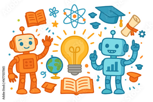 Robot education technology concept. Future learning with AI. Cartoon robots, light bulb idea, graduation cap, atom. Science innovation and knowledge vector illustration set.