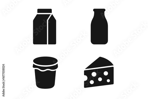 Dairy products icon set. Milk carton, bottle, yogurt, cheese wedge silhouettes. Solid black glyph symbols for farm food, nutrition, and breakfast. Vector graphic elements.