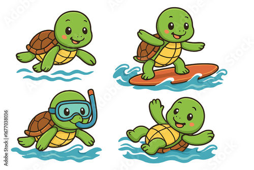 Cute turtle character set. Cartoon sea animal collection. Surfing, swimming, and snorkeling tortoise mascot. Vector illustration for kids. Summer water sports and ocean fun.