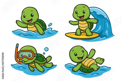 Cute cartoon turtle characters set. Summer water sports activities. Vector collection with turtles swimming, surfing, and snorkeling. Happy ocean animal mascot illustration.