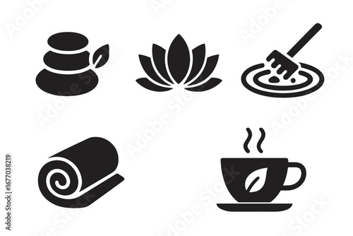 Spa wellness solid glyph icon set. Hot stone therapy, lotus flower for yoga, zen garden meditation, rolled towel and herbal tea cup. Health, beauty and relaxation vector symbols.
