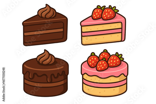 Vector cartoon cake collection. Chocolate and strawberry whole cakes and slices. Sweet dessert food illustration set for bakery, pastry shop, or menu design. Isolated icons.