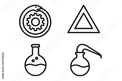 Alchemical outline icon set with esoteric symbols. Vector Ouroboros snake with gear, fire triangle, lab flask, alembic retort. Mystical, magic, scientific, philosophical signs.