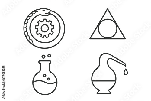 Alchemical symbols icon set. Vector outline collection of esoteric mystic signs. Ouroboros with gear, philosopher's stone, alembic distillation, flask. Magic, science concept.