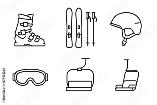 Alpine skiing icon set. Winter sports equipment collection. Outline vector icons of ski boot, skis, poles, helmet, goggles, chairlift. Mountain resort gear symbols.