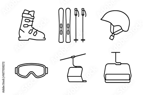 Alpine skiing icon set. Winter sports equipment outline graphic. Vector symbols of ski boot, skis, poles, helmet, goggles, chairlift. Mountain resort recreation concept.