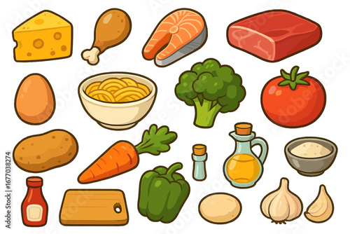 Cartoon food icon set. Vector collection of ingredients for cooking and meal prep. Grocery shopping concept with meat, fish, chicken, vegetables, pasta, eggs and cheese.